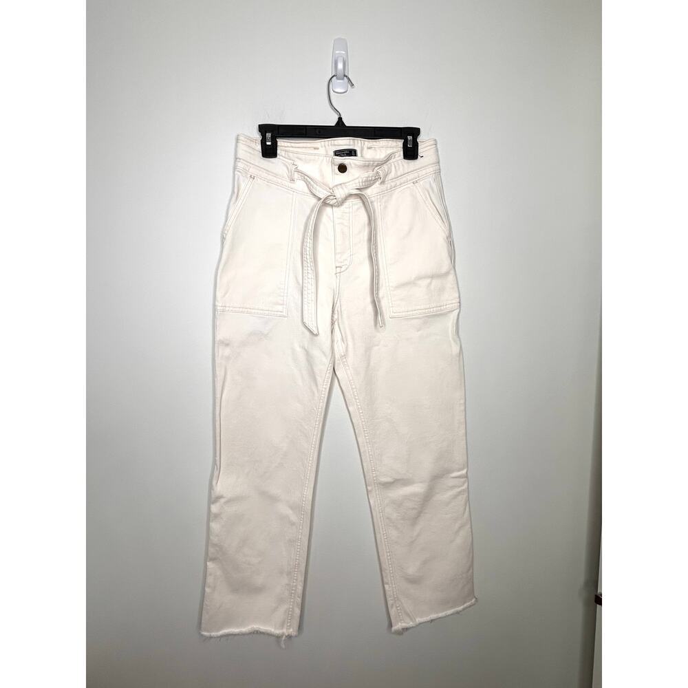 Abercrombie & Fitch Ultra High Rise Straight 31/12R Cream Tie Boho Neutral Denim